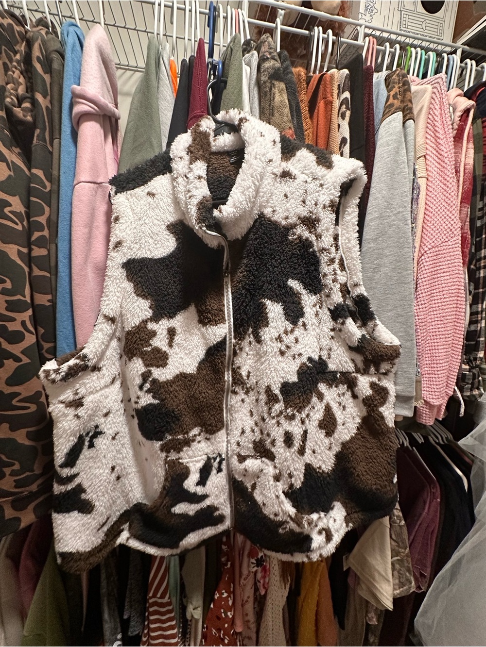 SHEIN Brown & White Cow-Print Sherpa Vest
